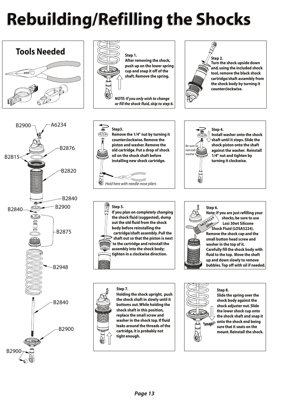 Rebuilding/refilling the shocks, Tools needed | Losi LOSB0020 User Manual | Page 13 / 28