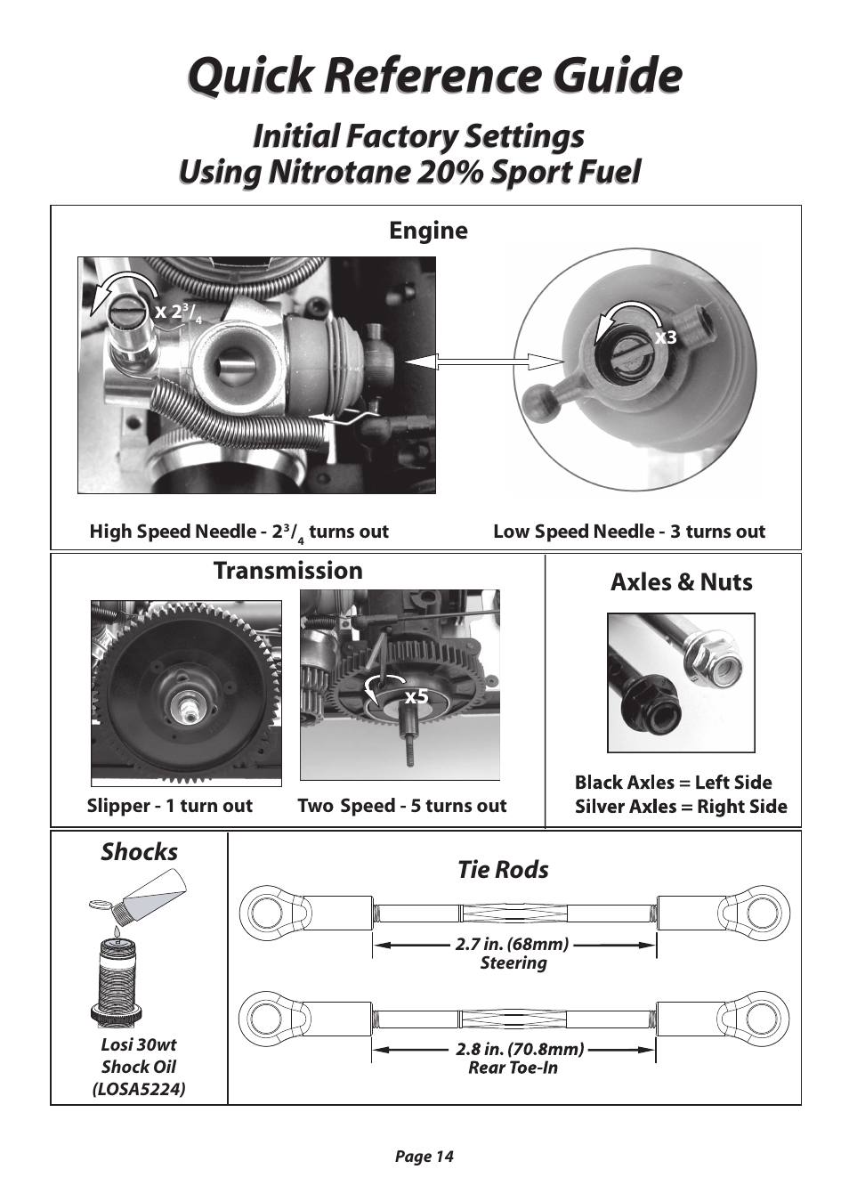 Quick reference guide, Initial factory settings, Using nitrotane 20% sport fuel | Losi LOSB0020 User Manual | Page 14 / 28