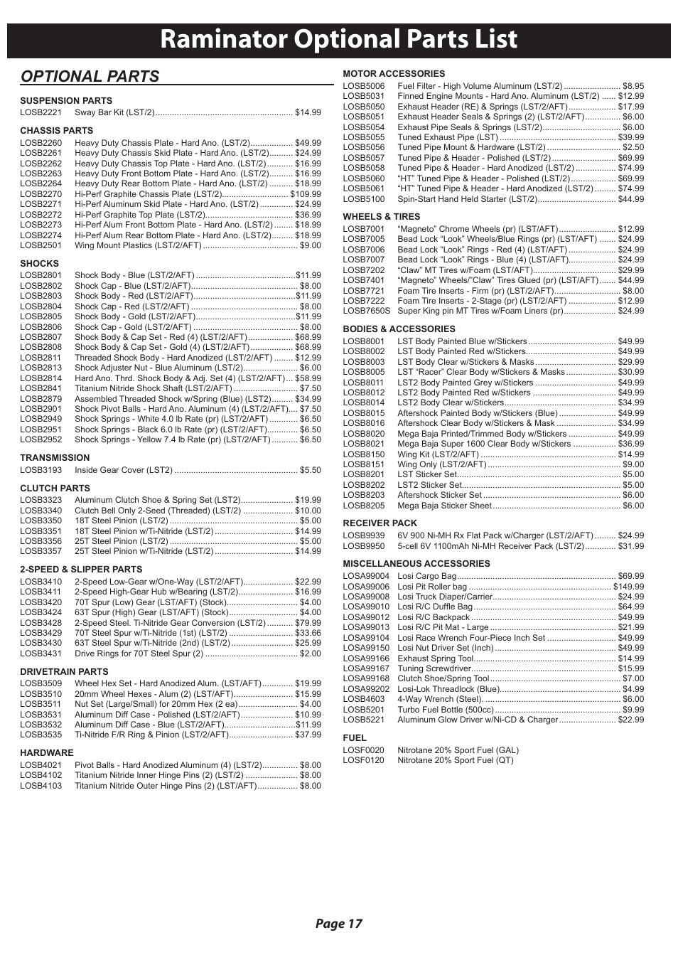 Raminator optional parts list, Optional parts, Page 17 | Losi LOSB0020 User Manual | Page 17 / 28