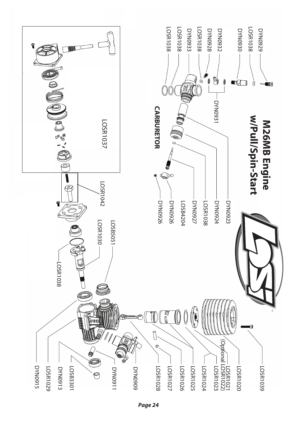 M26mb e ngine w/p ull/s pin-s tar t | Losi LOSB0020 User Manual | Page 24 / 28