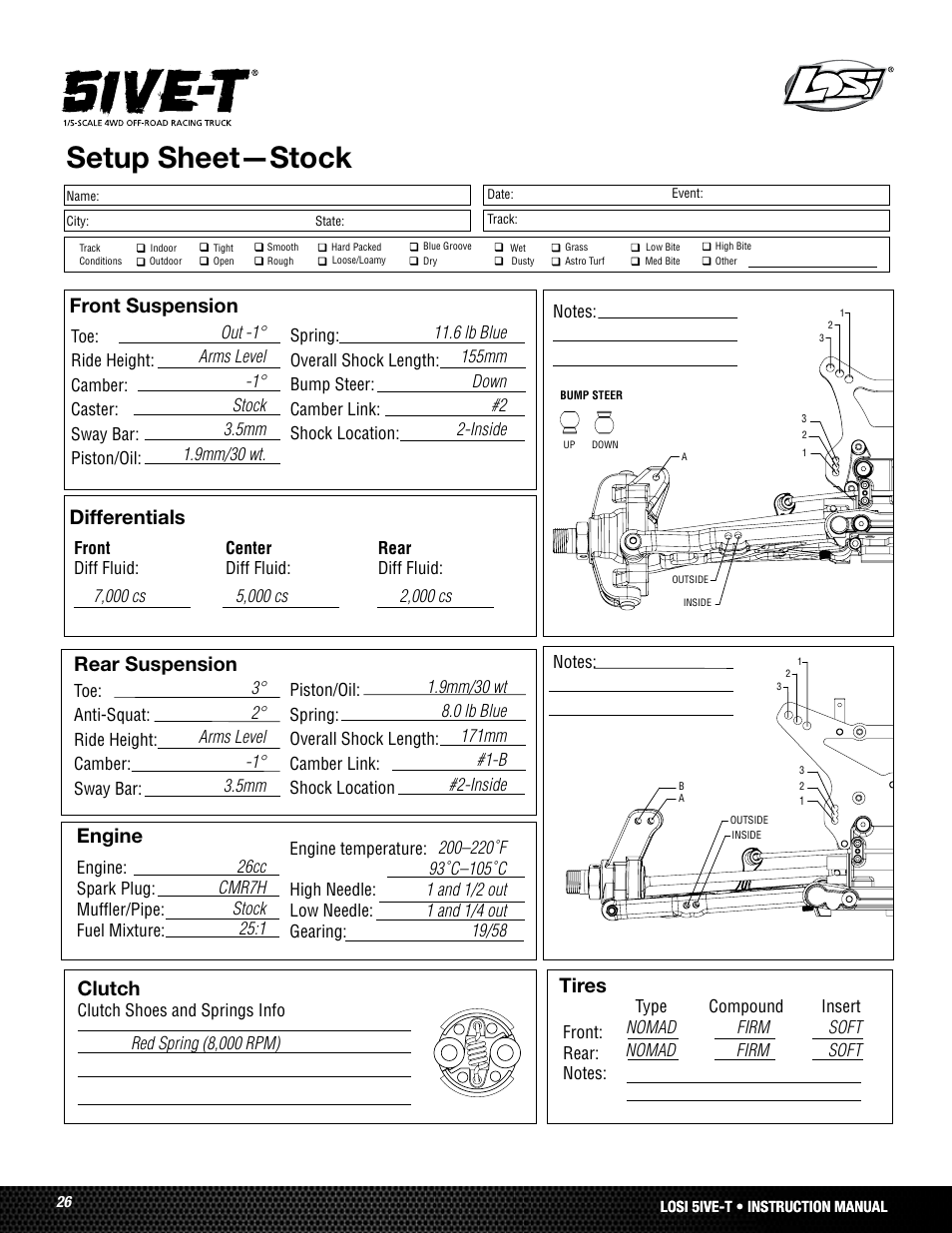 Setup sheet—stock, Front suspension differentials, Rear suspension | Engine, Tires, Clutch | Losi LOSB0024 User Manual | Page 26 / 64