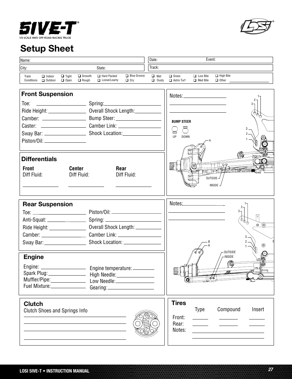 Setup sheet, Front suspension differentials, Rear suspension | Engine, Tires, Clutch | Losi LOSB0024 User Manual | Page 27 / 64
