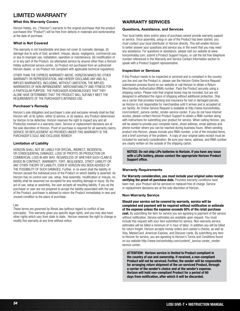 Limited warranty | Losi LOSB0024 User Manual | Page 54 / 64