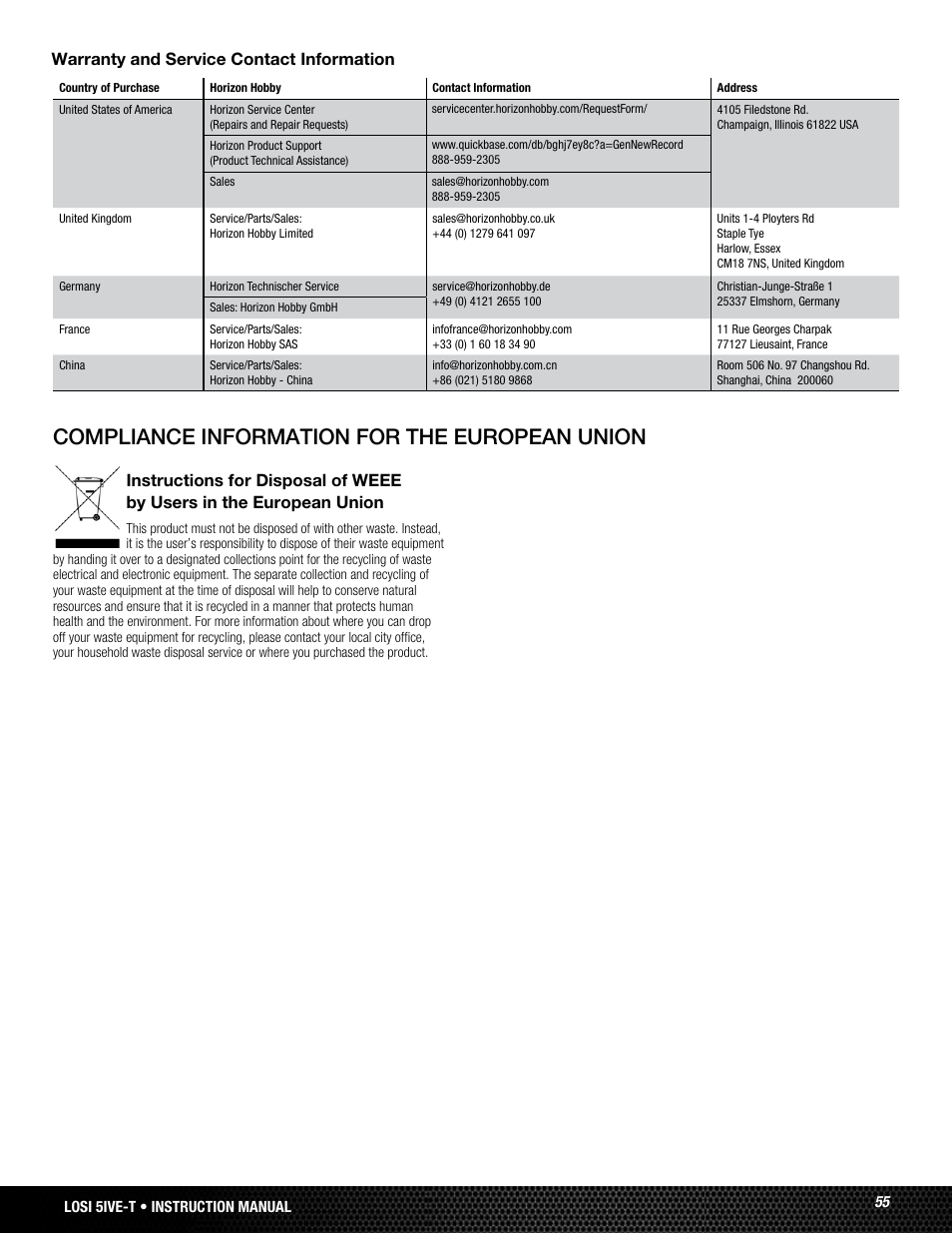 Compliance information for the european union, Warranty and service contact information | Losi LOSB0024 User Manual | Page 55 / 64