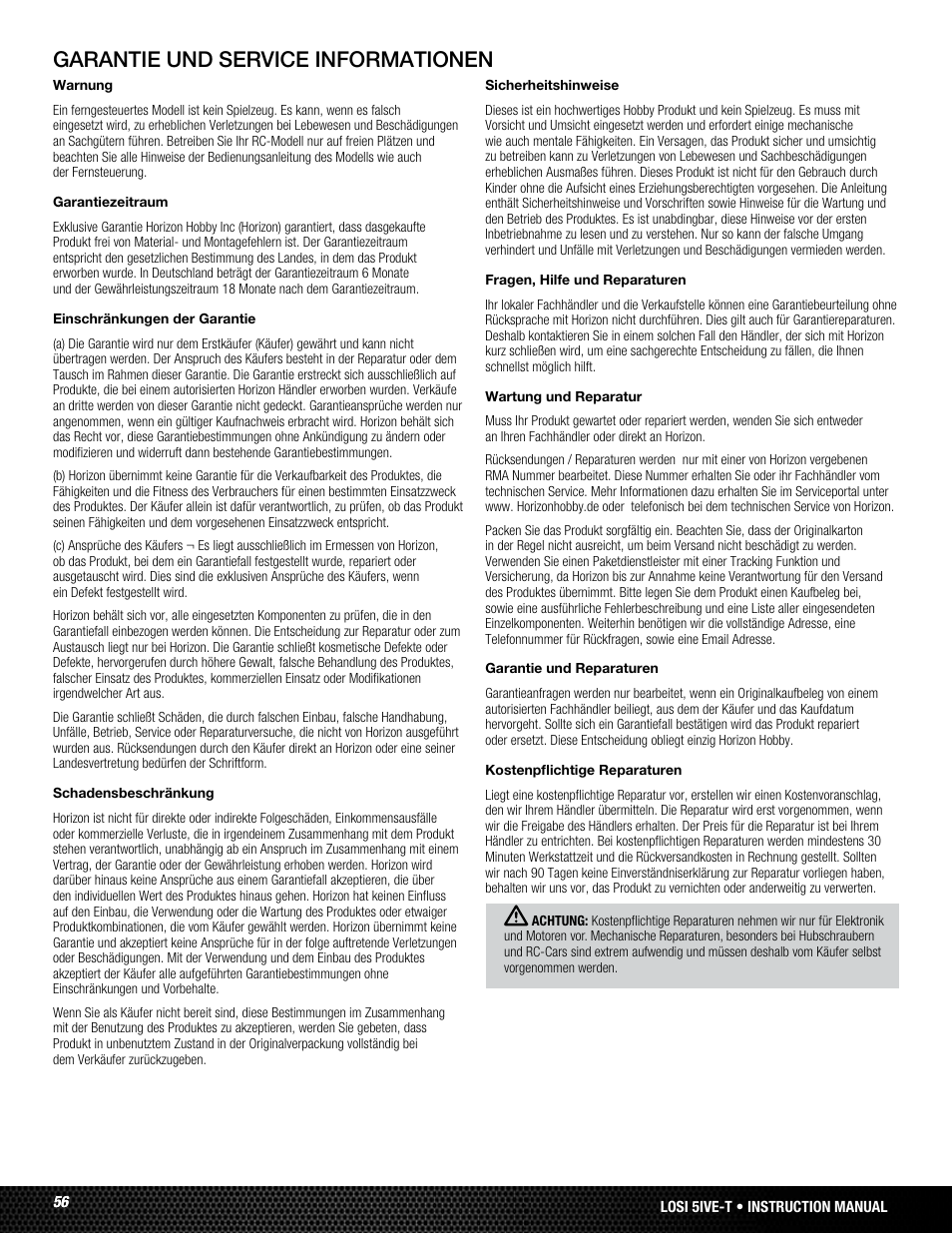 Garantie und service informationen | Losi LOSB0024 User Manual | Page 56 / 64