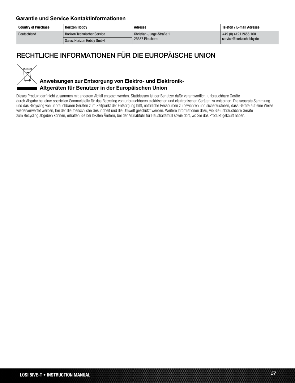 Rechtliche informationen für die europäische union | Losi LOSB0024 User Manual | Page 57 / 64