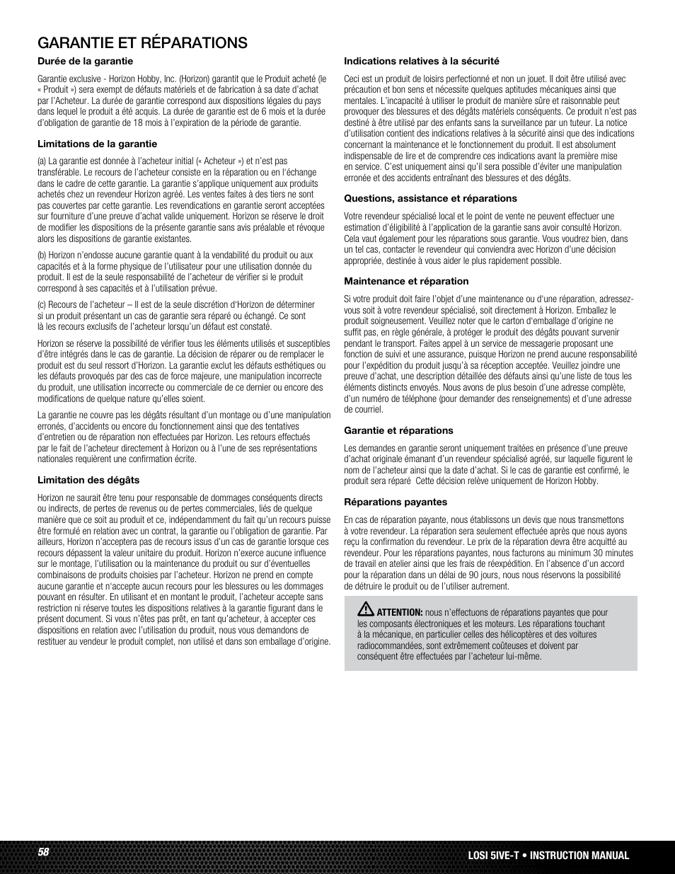 Garantie et réparations | Losi LOSB0024 User Manual | Page 58 / 64