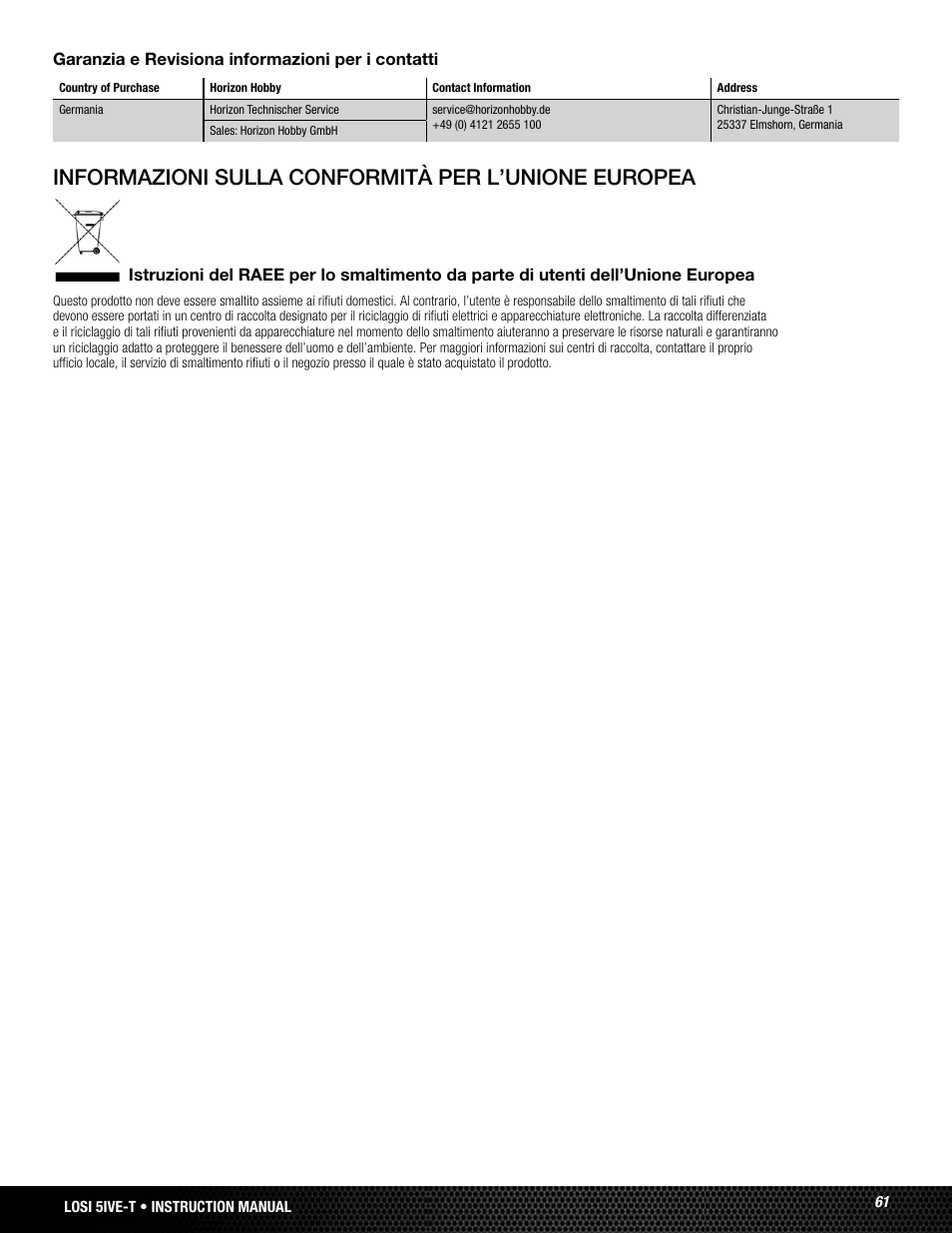 Informazioni sulla conformità per l’unione europea | Losi LOSB0024 User Manual | Page 61 / 64