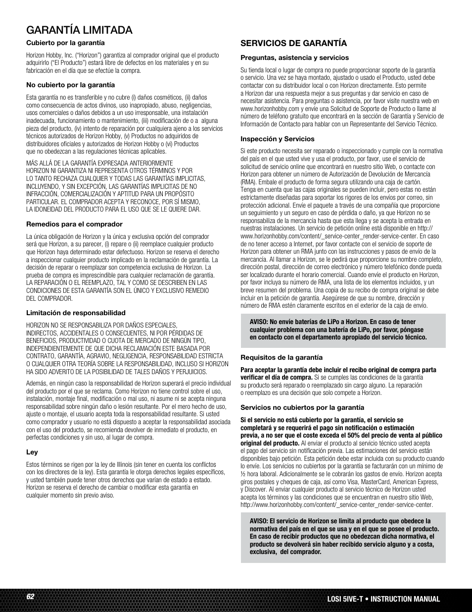 Garantía limitada | Losi LOSB0024 User Manual | Page 62 / 64