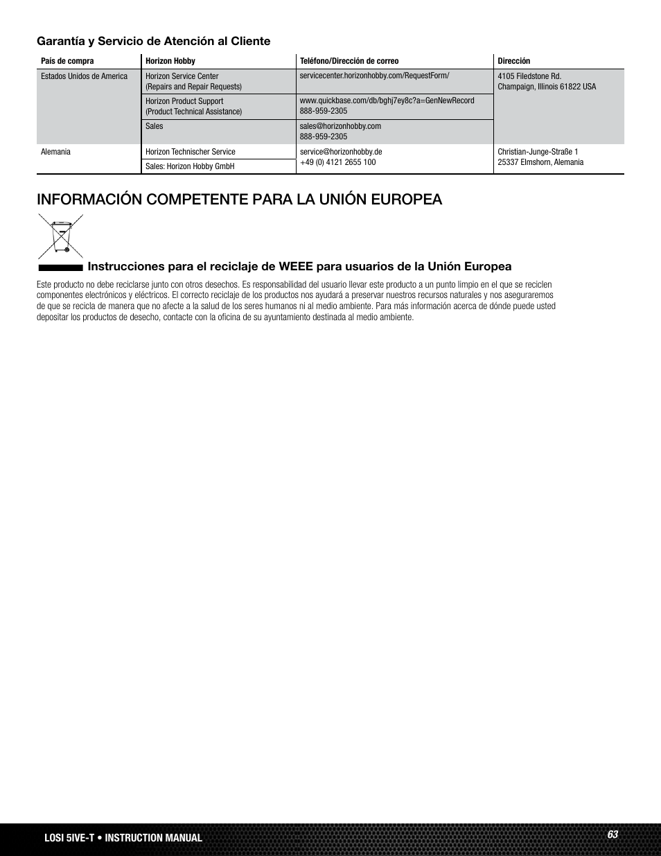 Información competente para la unión europea, Garantía y servicio de atención al cliente | Losi LOSB0024 User Manual | Page 63 / 64