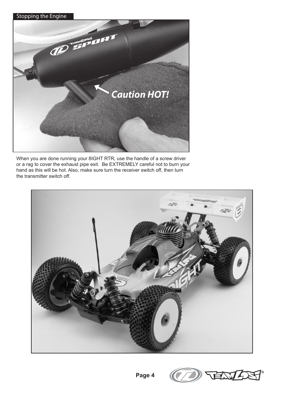 L8_started p04_v5.pdf, Caution hot | Losi LOSB0081 Getting Started Guide User Manual | Page 4 / 4