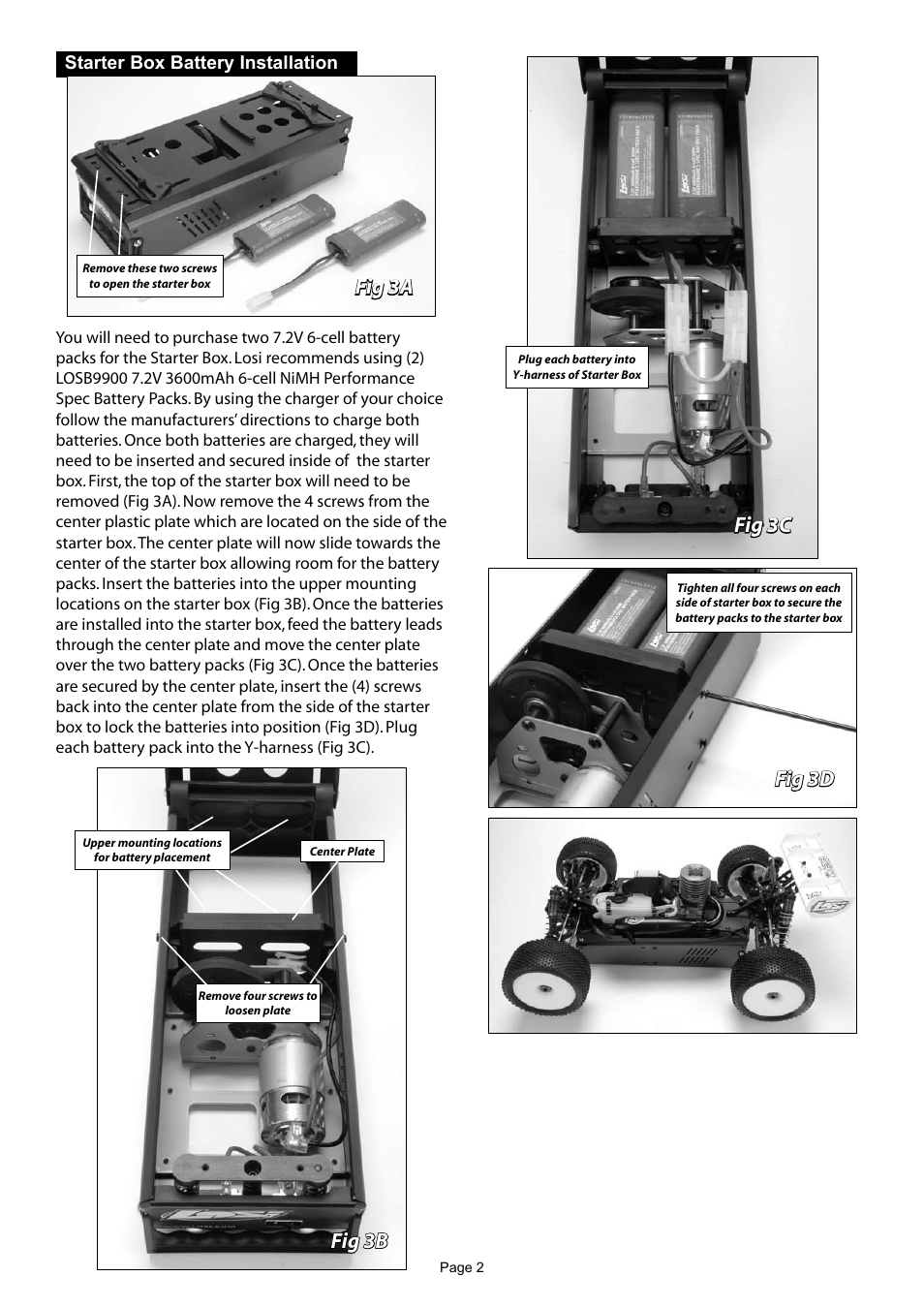 Fig 3a, Fig 3d fig 3c fig 3b, Starter box battery installation | Losi LOSB0085 Getting Started Guide User Manual | Page 2 / 4