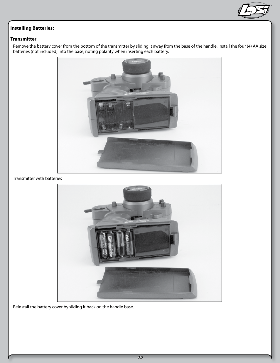 Installing batteries: transmitter | Losi LOSB0102 User Manual | Page 10 / 32