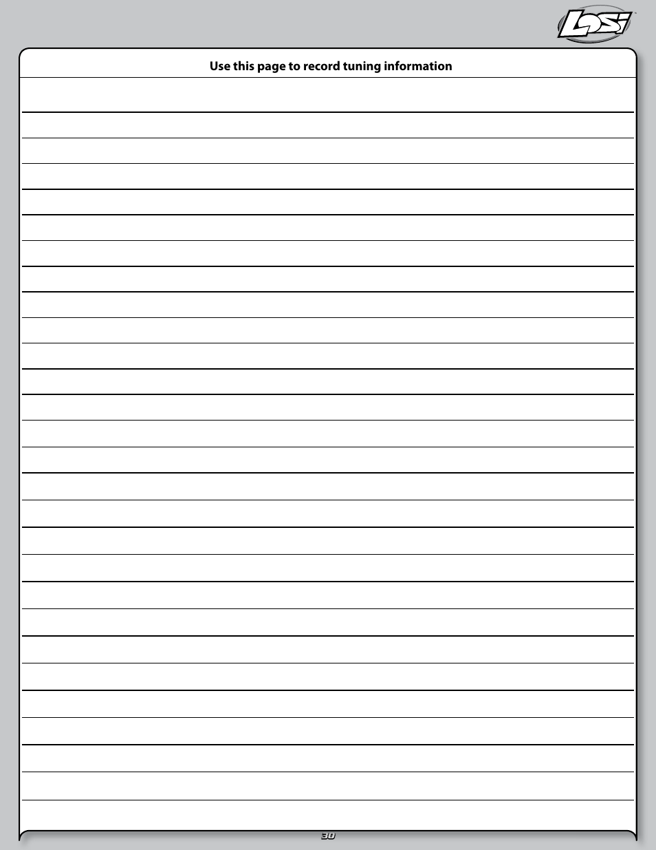 Use this page to record tuning information | Losi LOSB0102 User Manual | Page 30 / 32