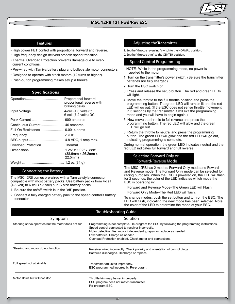 Msc 12rb 12t fwd/rev esc | Losi LOSB0102 User Manual | Page 9 / 32