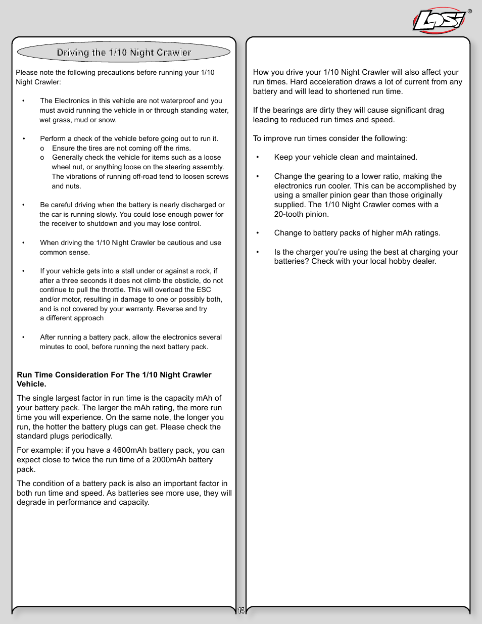 Night crawler manual pg 14.pdf, Driving the 1/10 night crawler | Losi LOSB0104T2 User Manual | Page 14 / 24