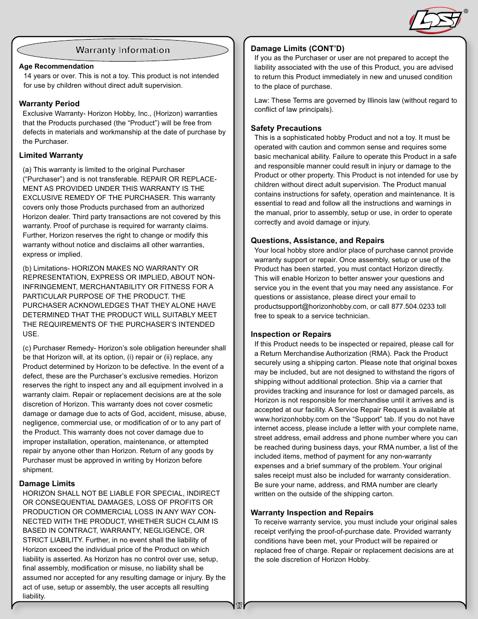 Night crawler manual pg 17.pdf, Warranty information | Losi LOSB0104T2 User Manual | Page 17 / 24