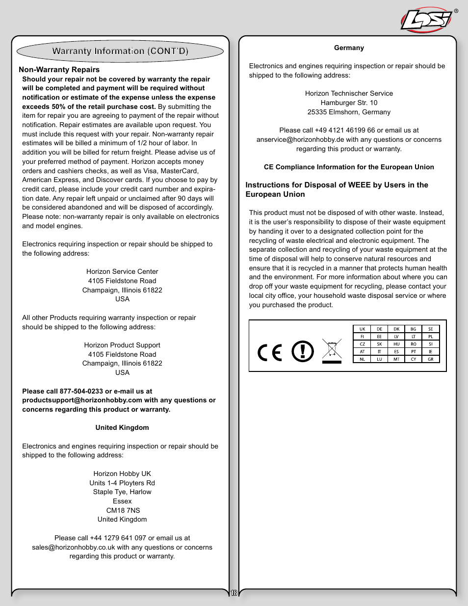 Night crawler manual pg 18.pdf, Warranty information (cont’d) | Losi LOSB0104T2 User Manual | Page 18 / 24