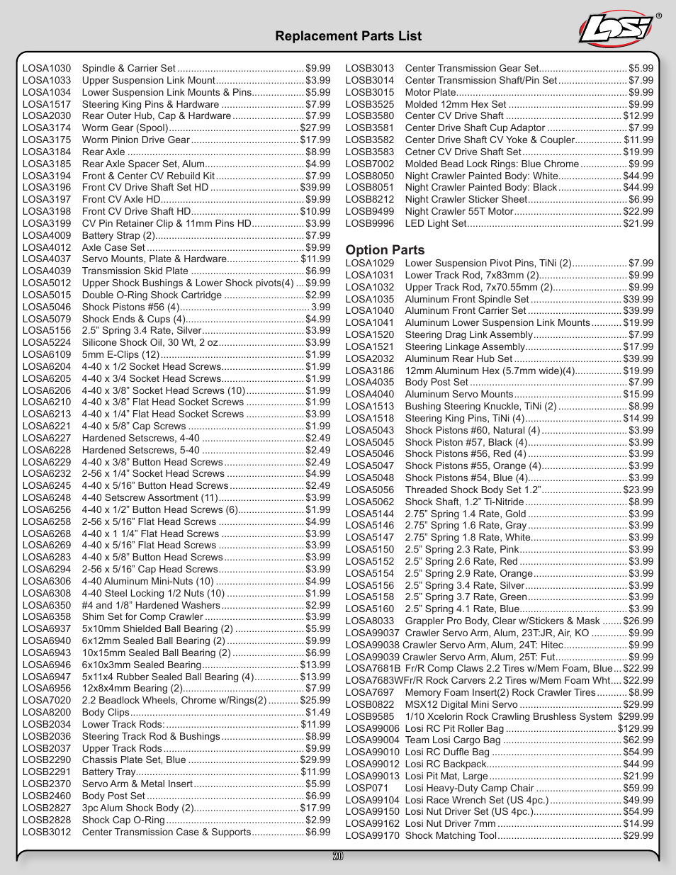 Night crawler manual pg 20.pdf, Option parts, Replacement parts list | Losi LOSB0104T2 User Manual | Page 20 / 24