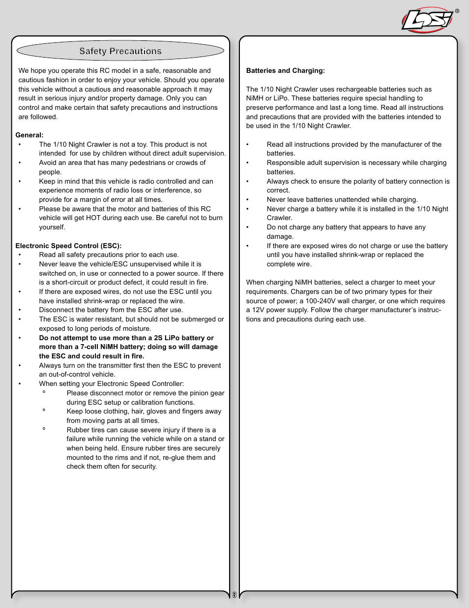 Night crawler manual pg 3.pdf, Safety precautions | Losi LOSB0104T2 User Manual | Page 3 / 24