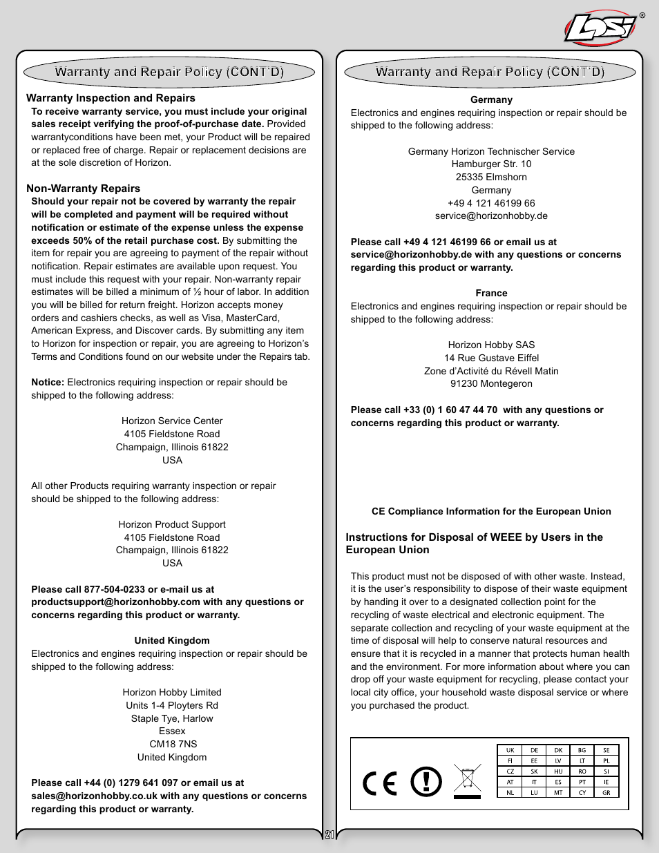 Warranty and repair policy (cont’d) | Losi LOSB0105BD User Manual | Page 21 / 36