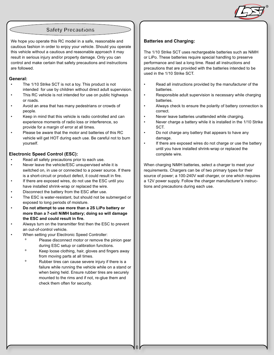 Safety precautions | Losi LOSB0105BD User Manual | Page 3 / 36