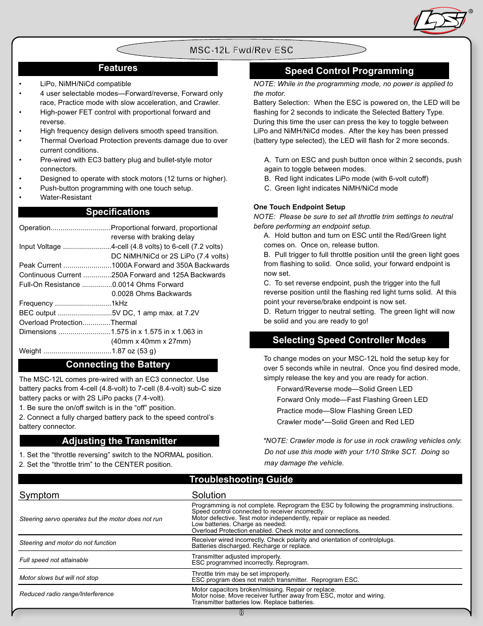 Symptom solution, Msc-12l fwd/rev esc | Losi LOSB0105BD User Manual | Page 8 / 36