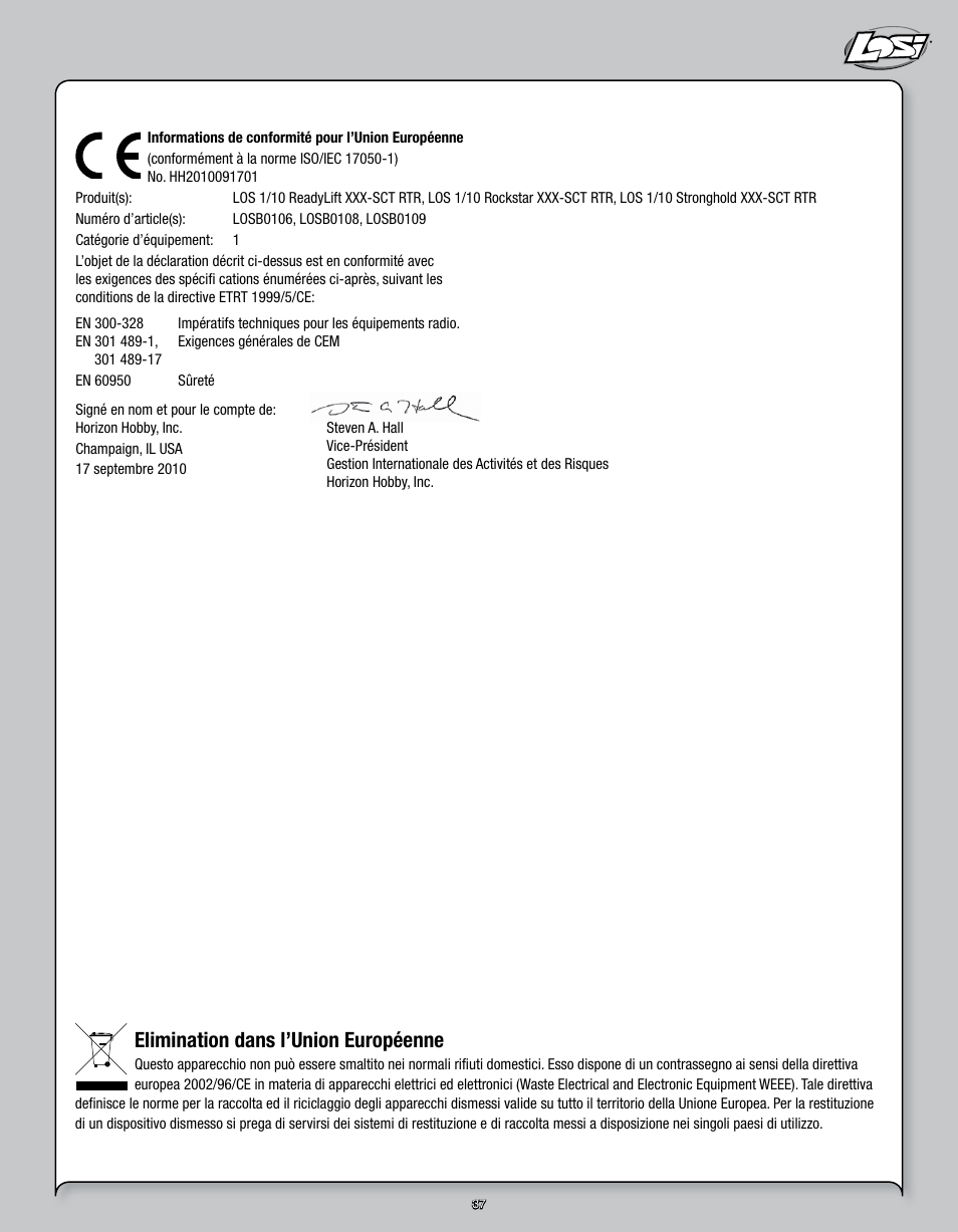 Elimination dans l’union européenne | Losi LOSB0109 User Manual | Page 37 / 56