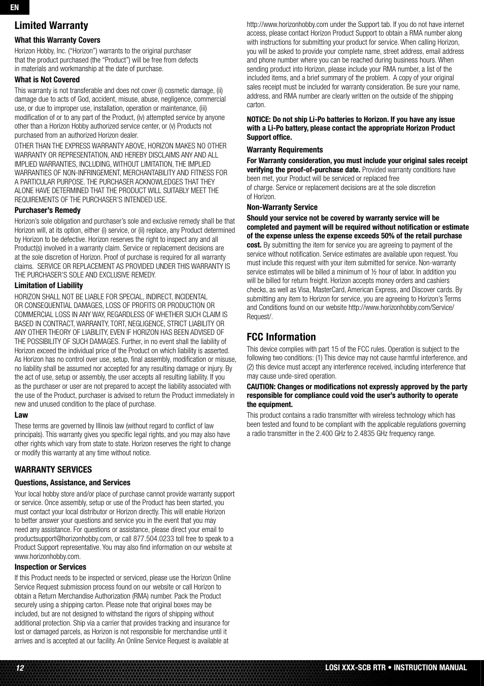 Limited warranty, Fcc information | Losi LOSB0112 User Manual | Page 12 / 56