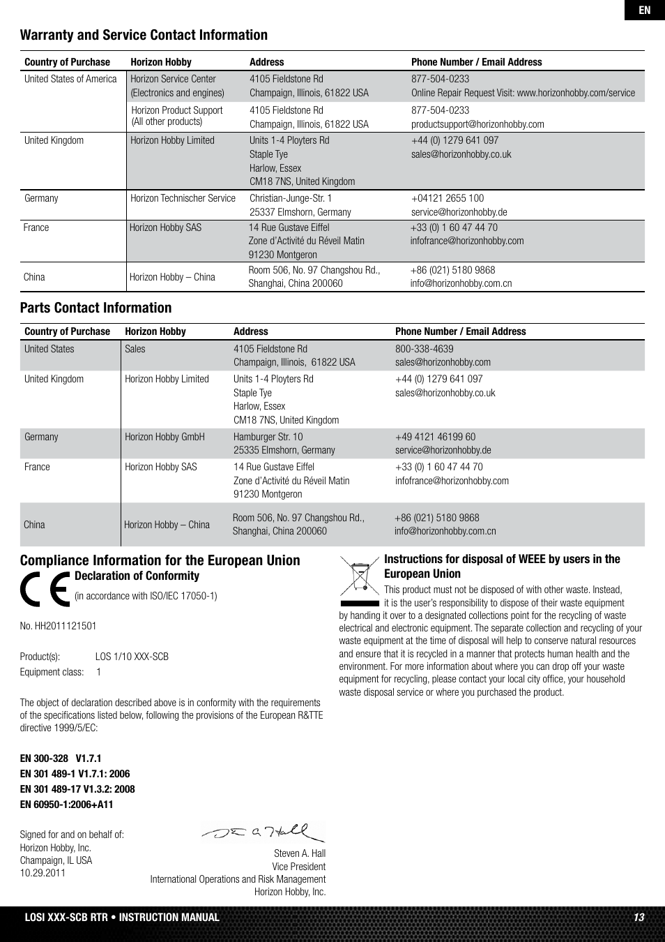 Warranty and service contact information, Parts contact information, Compliance information for the european union | Losi LOSB0112 User Manual | Page 13 / 56