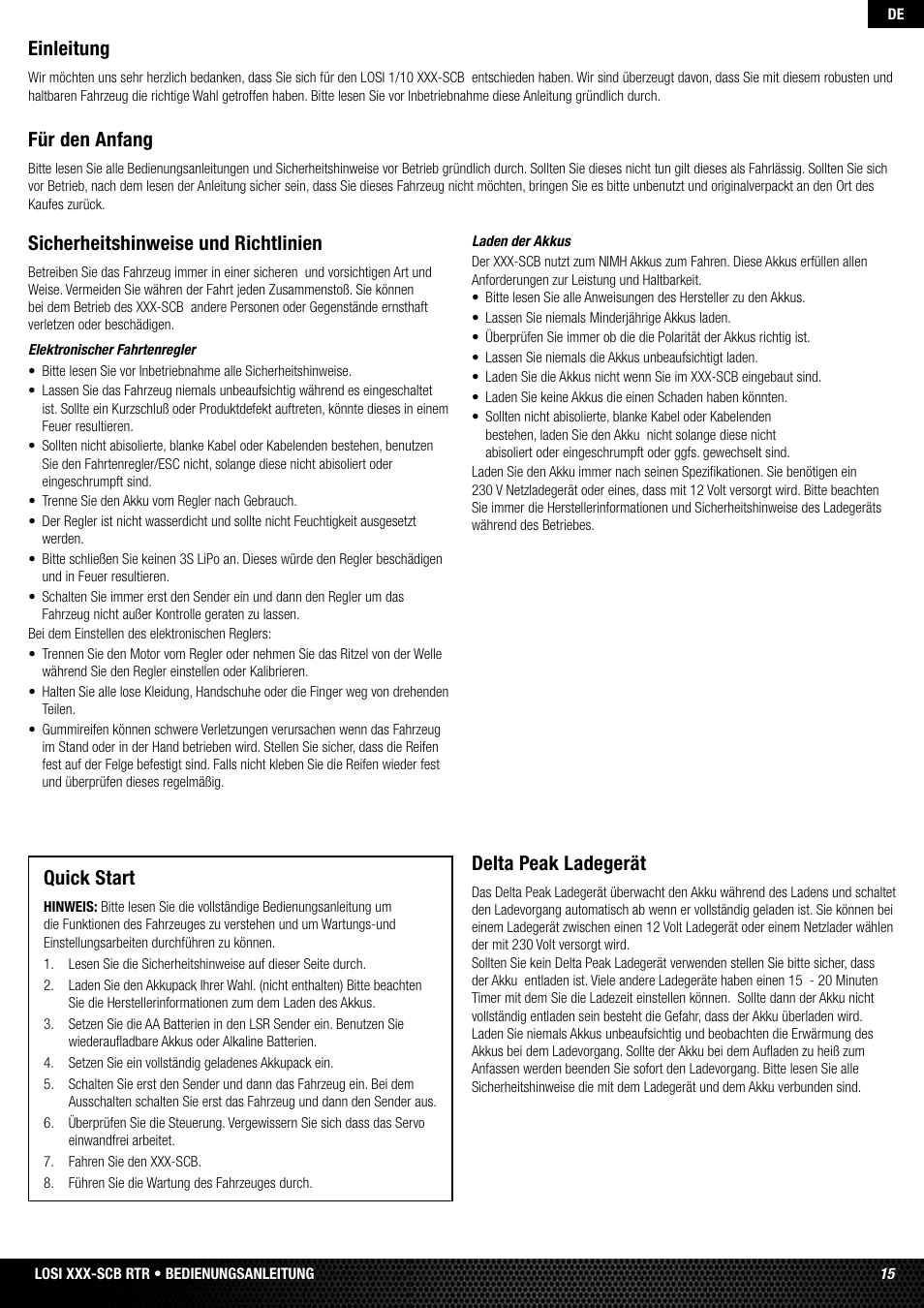 Quick start, Einleitung, Für den anfang | Sicherheitshinweise und richtlinien, Delta peak ladegerät | Losi LOSB0112 User Manual | Page 15 / 56