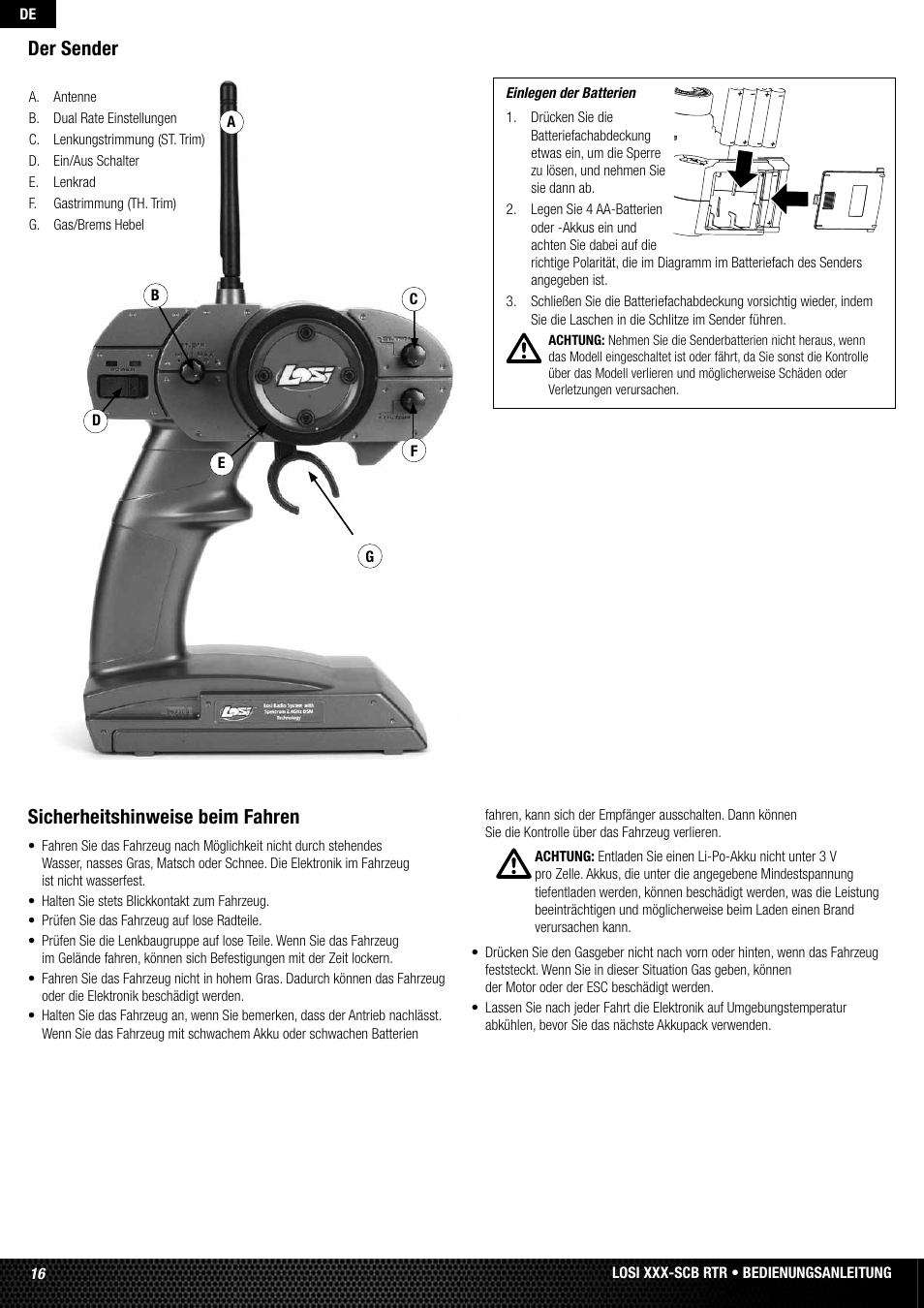 Sicherheitshinweise beim fahren, Der sender | Losi LOSB0112 User Manual | Page 16 / 56