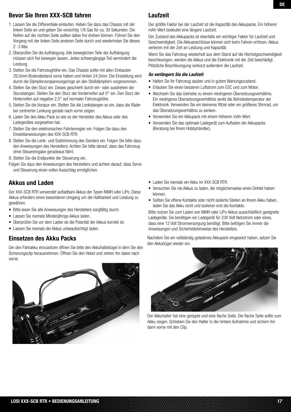 Bevor sie ihren xxx-scb fahren, Laufzeit, Akkus und laden | Einsetzen des akku packs | Losi LOSB0112 User Manual | Page 17 / 56