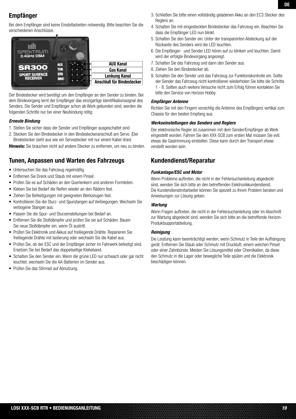 Empfänger, Tunen, anpassen und warten des fahrzeugs, Kundendienst/reparatur | Losi LOSB0112 User Manual | Page 19 / 56