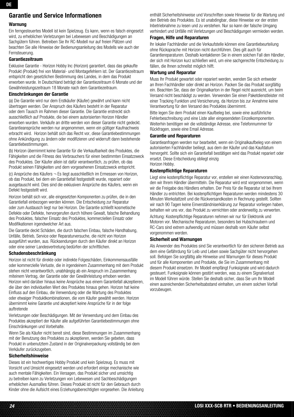 Garantie und service informationen | Losi LOSB0112 User Manual | Page 24 / 56