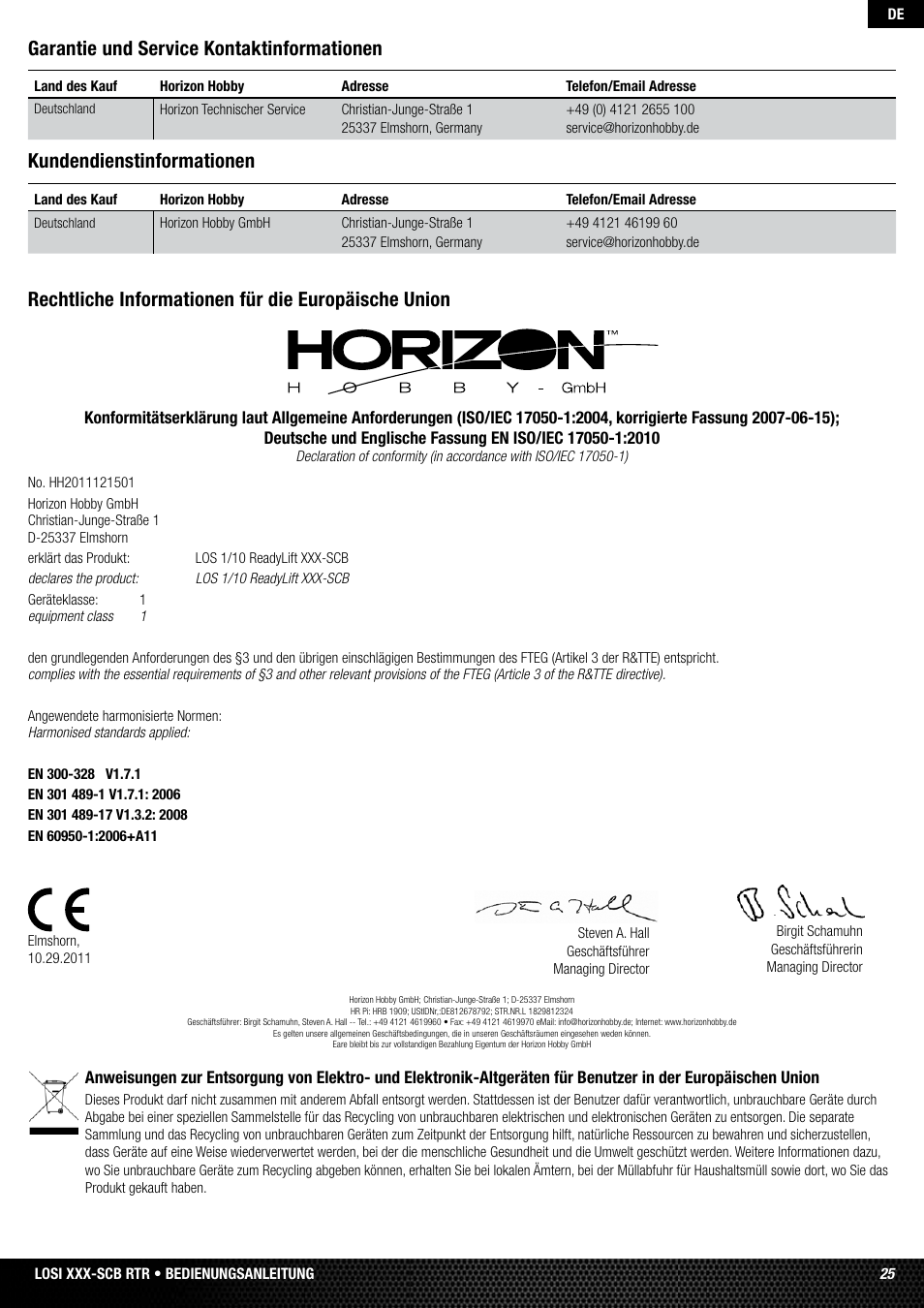 Rechtliche informationen für die europäische union, Garantie und service kontaktinformationen, Kundendienstinformationen | Losi LOSB0112 User Manual | Page 25 / 56