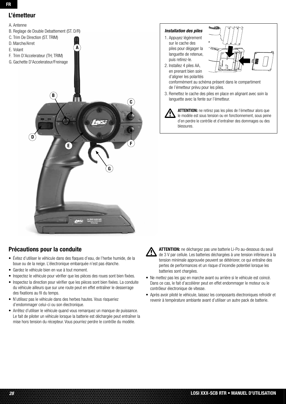 Précautions pour la conduite, L’émetteur | Losi LOSB0112 User Manual | Page 28 / 56