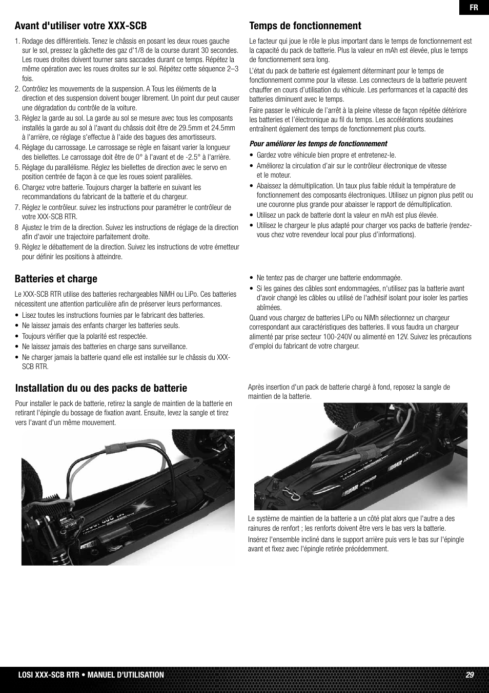 Batteries et charge, Avant d'utiliser votre xxx-scb, Temps de fonctionnement | Installation du ou des packs de batterie | Losi LOSB0112 User Manual | Page 29 / 56