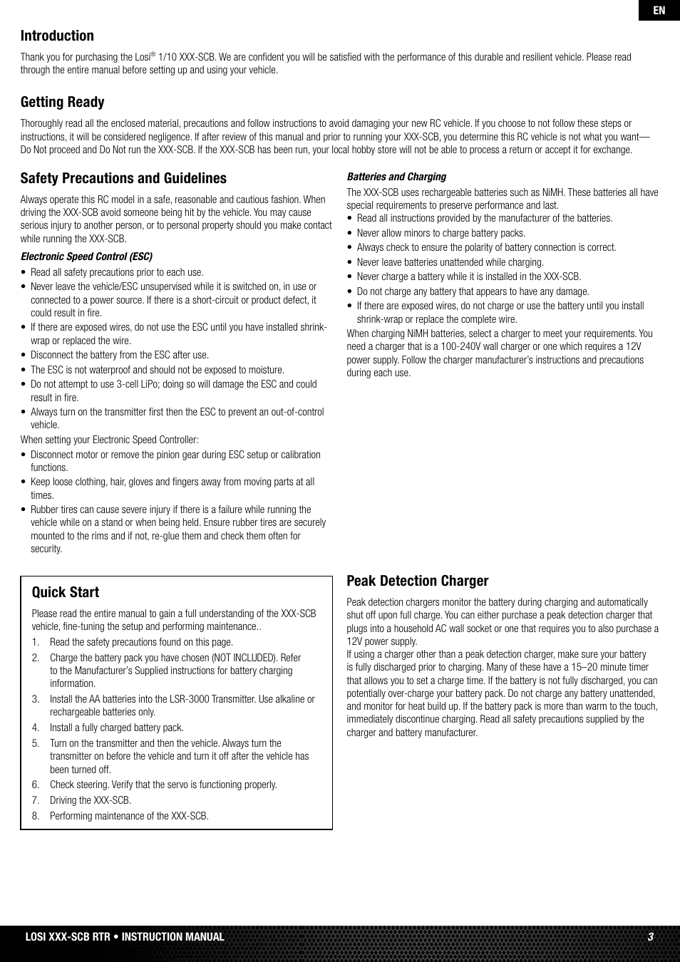 Quick start, Introduction, Getting ready | Safety precautions and guidelines, Peak detection charger | Losi LOSB0112 User Manual | Page 3 / 56