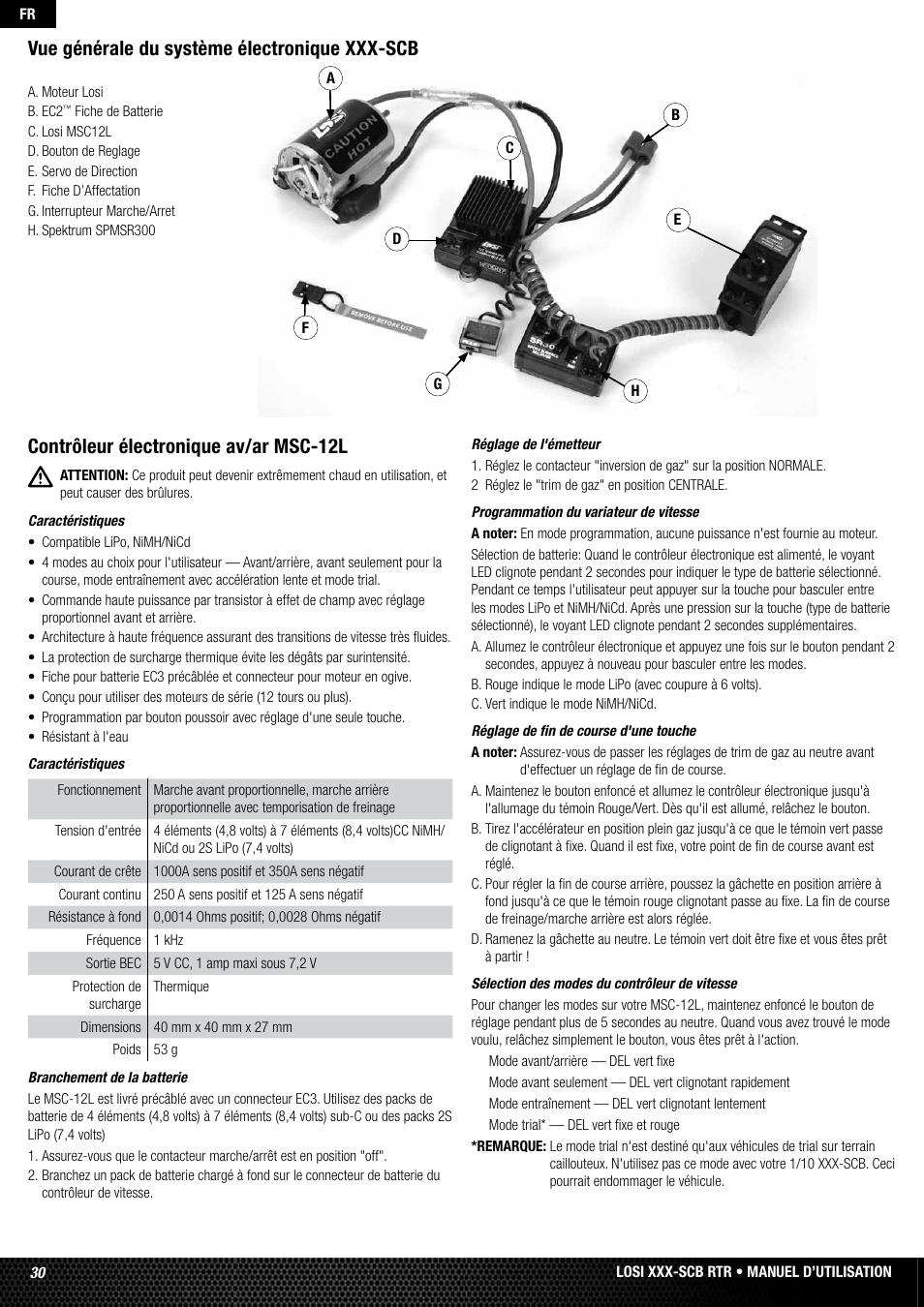 Contrôleur électronique av/ar msc-12l, Vue générale du système électronique xxx-scb | Losi LOSB0112 User Manual | Page 30 / 56