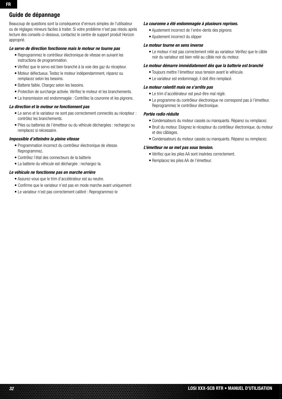 Guide de dépannage | Losi LOSB0112 User Manual | Page 32 / 56