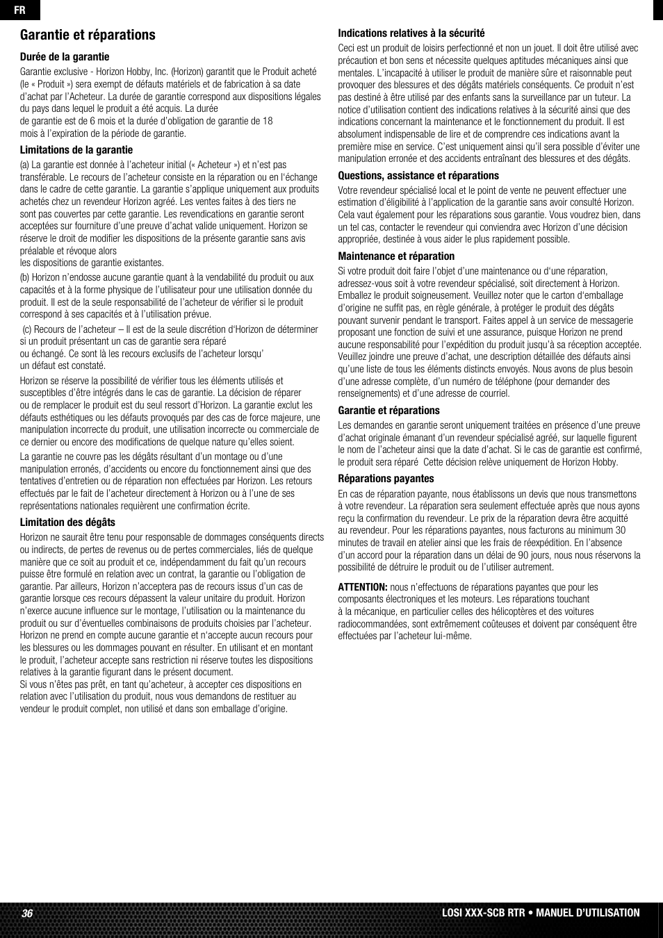 Garantie et réparations | Losi LOSB0112 User Manual | Page 36 / 56