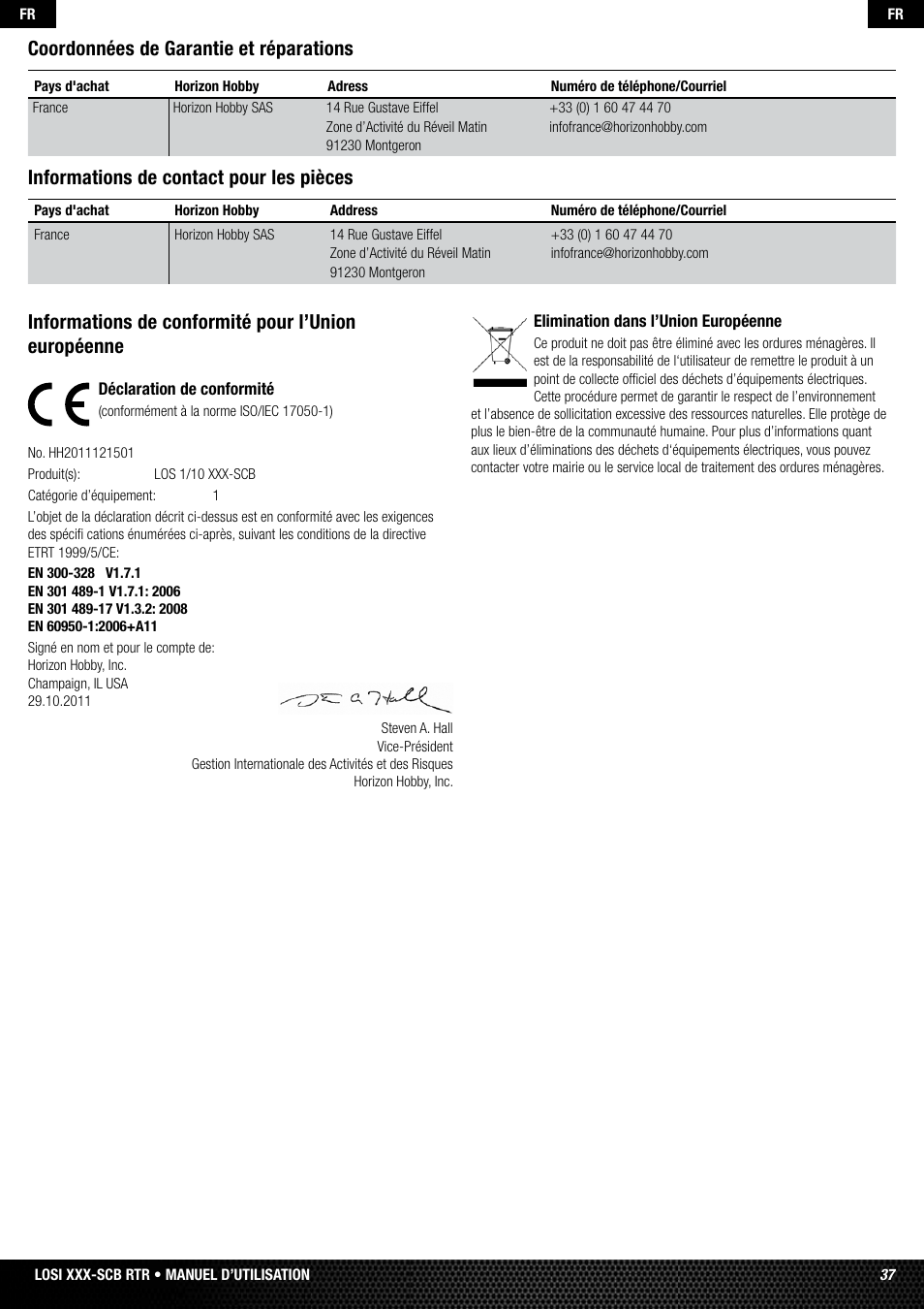 Informations de conformité pour l’union européenne, Coordonnées de garantie et réparations, Informations de contact pour les pièces | Losi LOSB0112 User Manual | Page 37 / 56