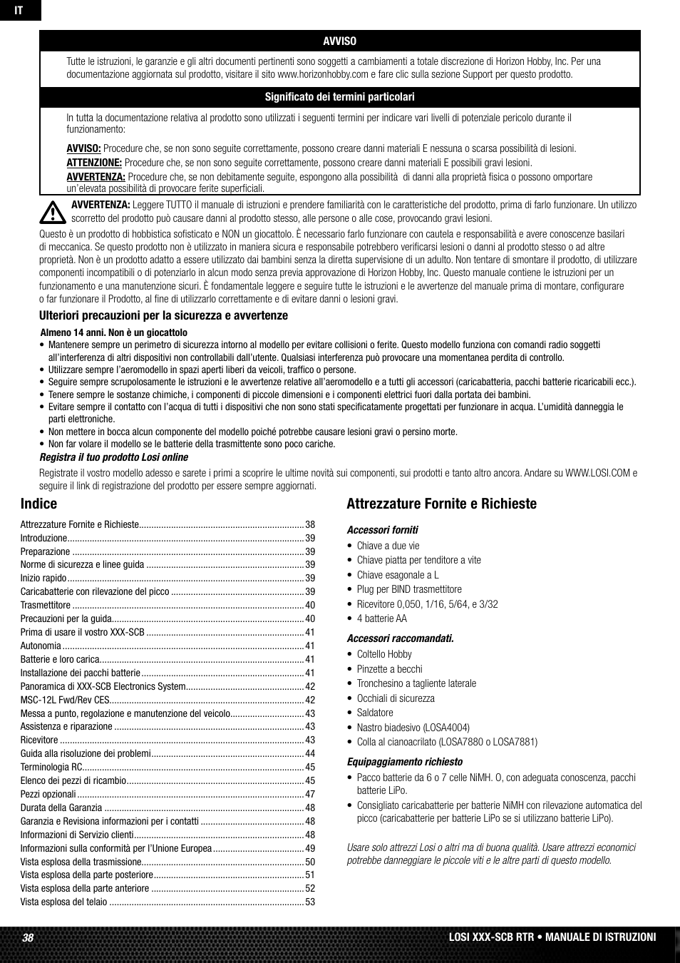 Indice, Attrezzature fornite e richieste | Losi LOSB0112 User Manual | Page 38 / 56