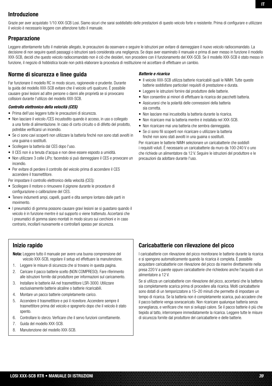 Introduzione, Preparazione, Inizio rapido | Caricabatterie con rilevazione del picco, Norme di sicurezza e linee guida | Losi LOSB0112 User Manual | Page 39 / 56