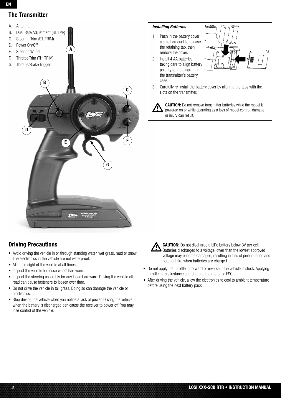 The transmitter driving precautions | Losi LOSB0112 User Manual | Page 4 / 56
