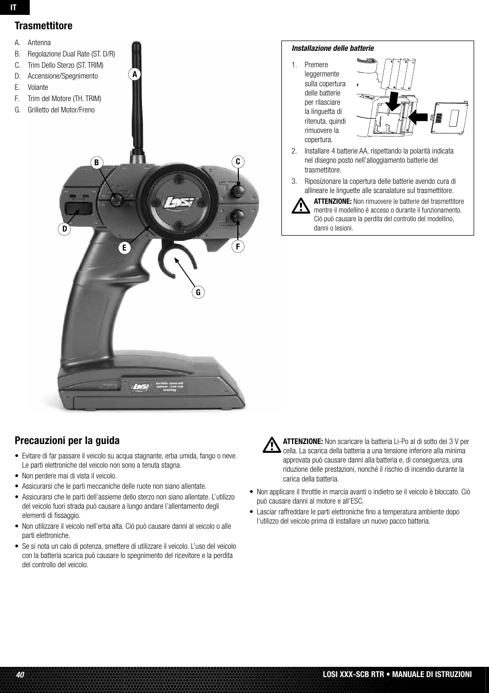 Precauzioni per la guida, Trasmettitore | Losi LOSB0112 User Manual | Page 40 / 56