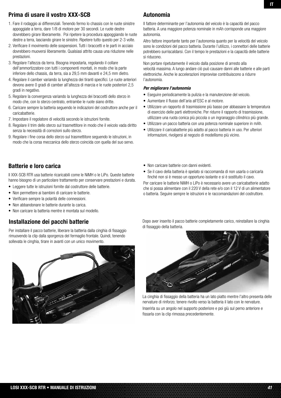 Batterie e loro carica, Prima di usare il vostro xxx-scb, Autonomia | Installazione dei pacchi batterie | Losi LOSB0112 User Manual | Page 41 / 56
