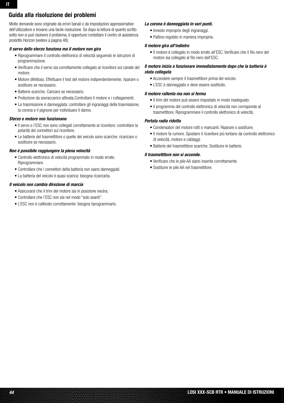 Guida alla risoluzione dei problemi | Losi LOSB0112 User Manual | Page 44 / 56