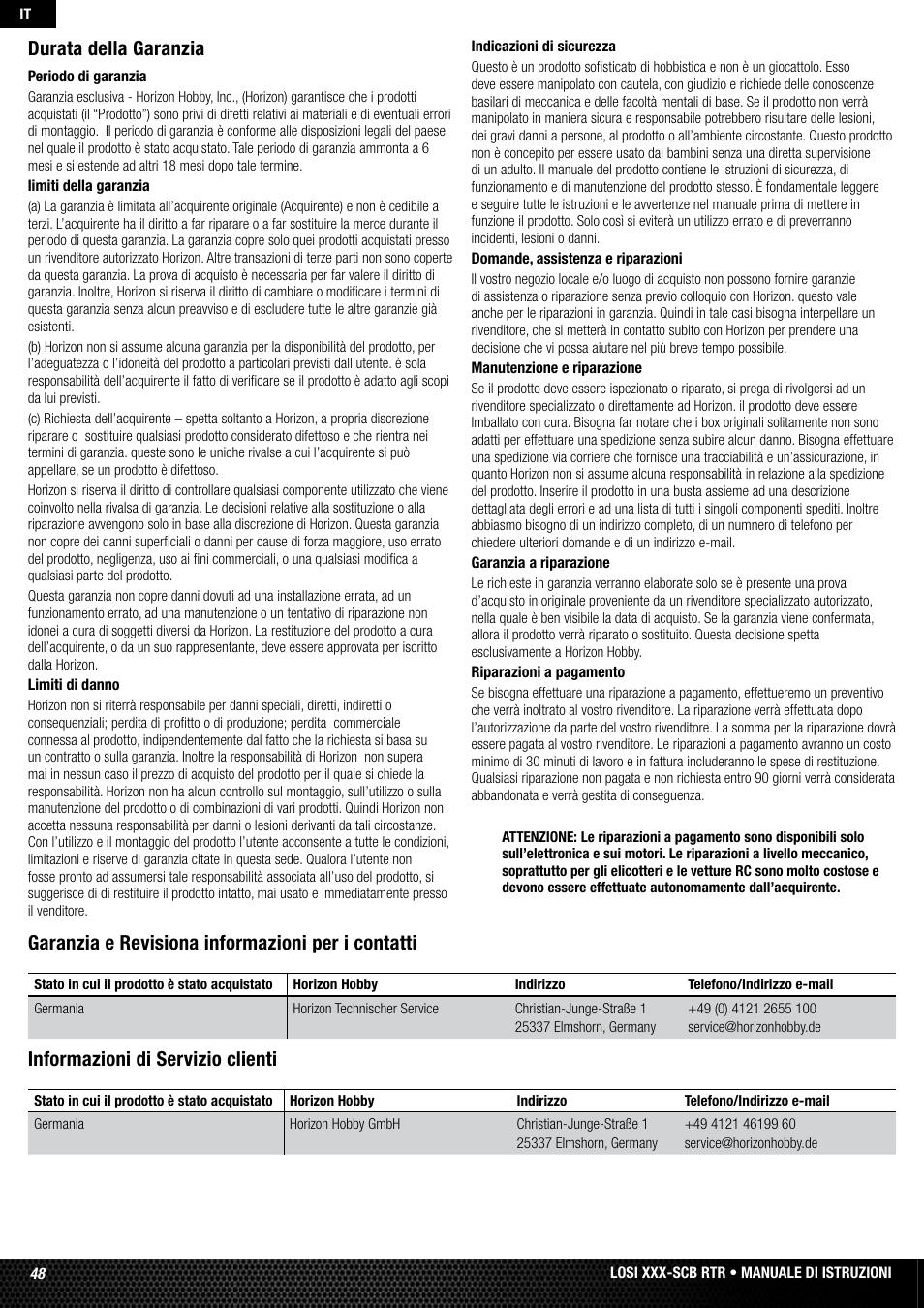 Durata della garanzia, Garanzia e revisiona informazioni per i contatti, Informazioni di servizio clienti | Losi LOSB0112 User Manual | Page 48 / 56